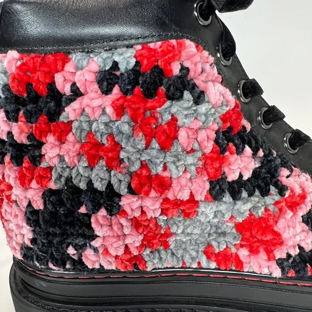 Krojay Onyx Crochet Combat Boots, Black Leather Red Pink High Top Size 10